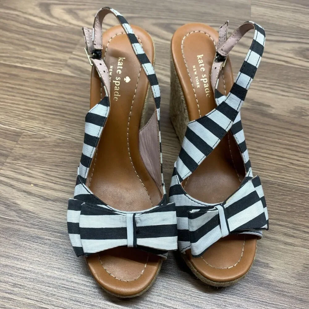 Kate‎ Spade Sandals 8.5 Black White Boardwalk Espadrille Slingback Stripes Wedge